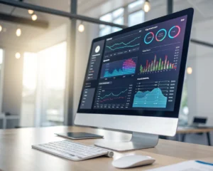 Interfaz de software de reclutamiento de IA en un monitor moderno con gráficos y métricas de rendimiento, en un entorno de oficina tecnológica y organizada.