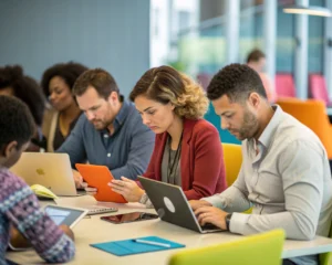 Equipo diverso de empleados en un taller de recualificación, concentrados en sus laptops y tabletas en una sala de conferencias moderna y colorida.