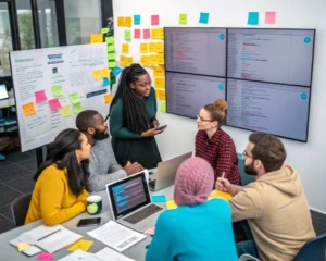 Equipo diverso de tecnología colaborando en un espacio moderno, con pantallas grandes y notas, bajo una iluminación colorida que resalta su diversidad y estilos variados, simbolizando colaboración e innovación.