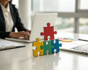 Pieza de rompecabezas de colores vibrantes en un escritorio minimalista, simbolizando la inteligencia emocional.