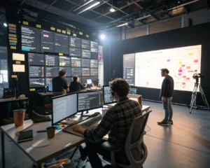 Espacio de trabajo moderno en una empresa tecnológica con gadgets avanzados y pantallas digitales, mostrando colaboración y creatividad sin identificar a las personas.