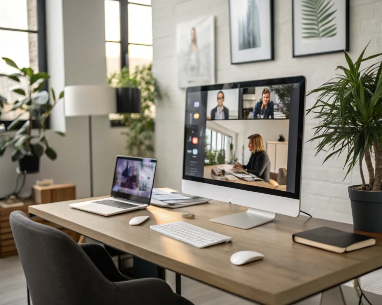 Espacio de oficina moderno con pantalla de colaboración digital, escritorio con computadora elegante y planta de interior. La iluminación suave resalta las texturas modernas y crea un ambiente acogedor.