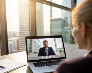 Un profesional de negocios en un traje participando en una reunión virtual en su laptop, con un entorno de oficina moderna al fondo y luz natural que ilumina la escena.