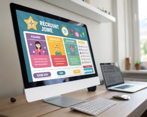 Interfaz de un juego digital de reclutamiento, con elementos interactivos y un entorno de trabajo moderno.