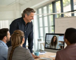 Líder empático en un entorno digital interactuando con su equipo a través de una videollamada, vestido con prendas casuales y profesionales, con una atmósfera acogedora y cálida.