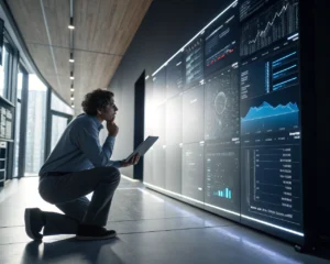 Un profesional en un entorno tecnológico analiza datos en una pantalla digital grande. La escena refleja un ambiente de oficina moderno y minimalista, con iluminación que enfatiza la concentración del individuo.