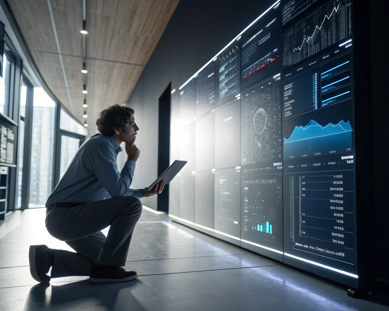 Un profesional en un entorno tecnológico analiza datos en una pantalla digital grande. La escena refleja un ambiente de oficina moderno y minimalista, con iluminación que enfatiza la concentración del individuo.