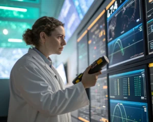 Investigador en bata de laboratorio utilizando una herramienta futurista en un avanzado laboratorio de simulación de crisis con pantallas digitales. La luz natural resalta la concentración del investigador, con una composición que evoca urgencia e innovación.
