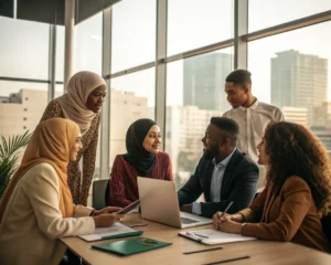 Grupo diverso de empleados en una oficina moderna participando en una reunión. Ellos visten trajes culturales y se muestran en un entorno cálido y acogedor con grandes ventanas.
