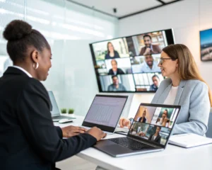 Grupo diverso de profesionales trabajando en un ambiente híbrido de oficina, utilizando laptops y pantallas de videoconferencia con iluminación suave y un diseño moderno.