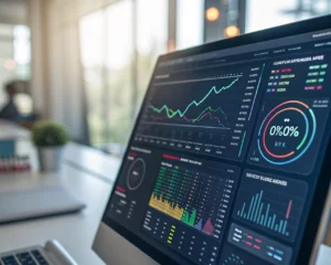 Interfaz moderna de software en pantalla digital con gráficos dinámicos y retroalimentación en un entorno de oficina desenfocado.