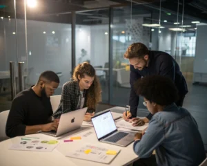 Grupo diverso de empleados en una reunión de lluvia de ideas en un entorno moderno, con laptops y notas sobre la mesa.