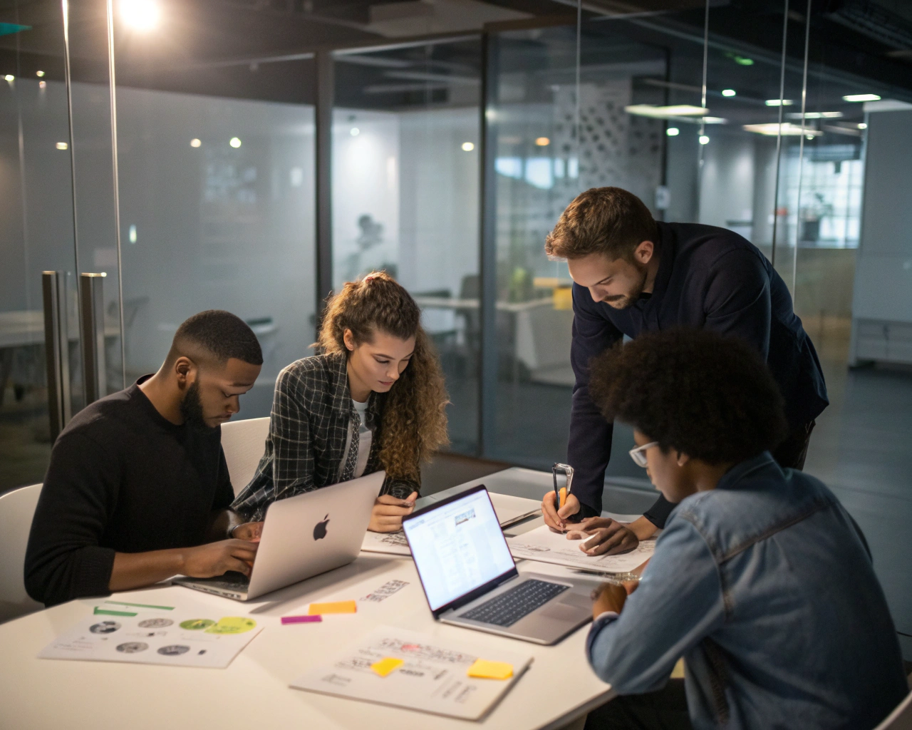 Grupo diverso de empleados en una reunión de lluvia de ideas en un entorno moderno, con laptops y notas sobre la mesa.