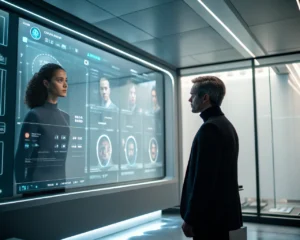 Una pantalla digital transparente que muestra un sistema de reclutamiento de IA, con perfiles de candidatos diversos y símbolos de inclusividad en una oficina moderna. La iluminación suave resalta el entorno futurista.