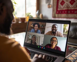Reunión virtual de un equipo multicultural con un enfoque en una laptop mostrando diversos participantes en sus hogares, rodeados de elementos culturales y con iluminación natural.