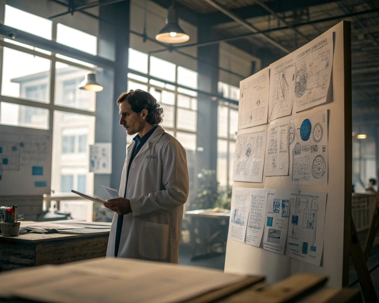 Investigador en bata de laboratorio rodeado de dibujos y planos en un entorno de oficina iluminado por luz natural, mostrando una expresión de contemplación.