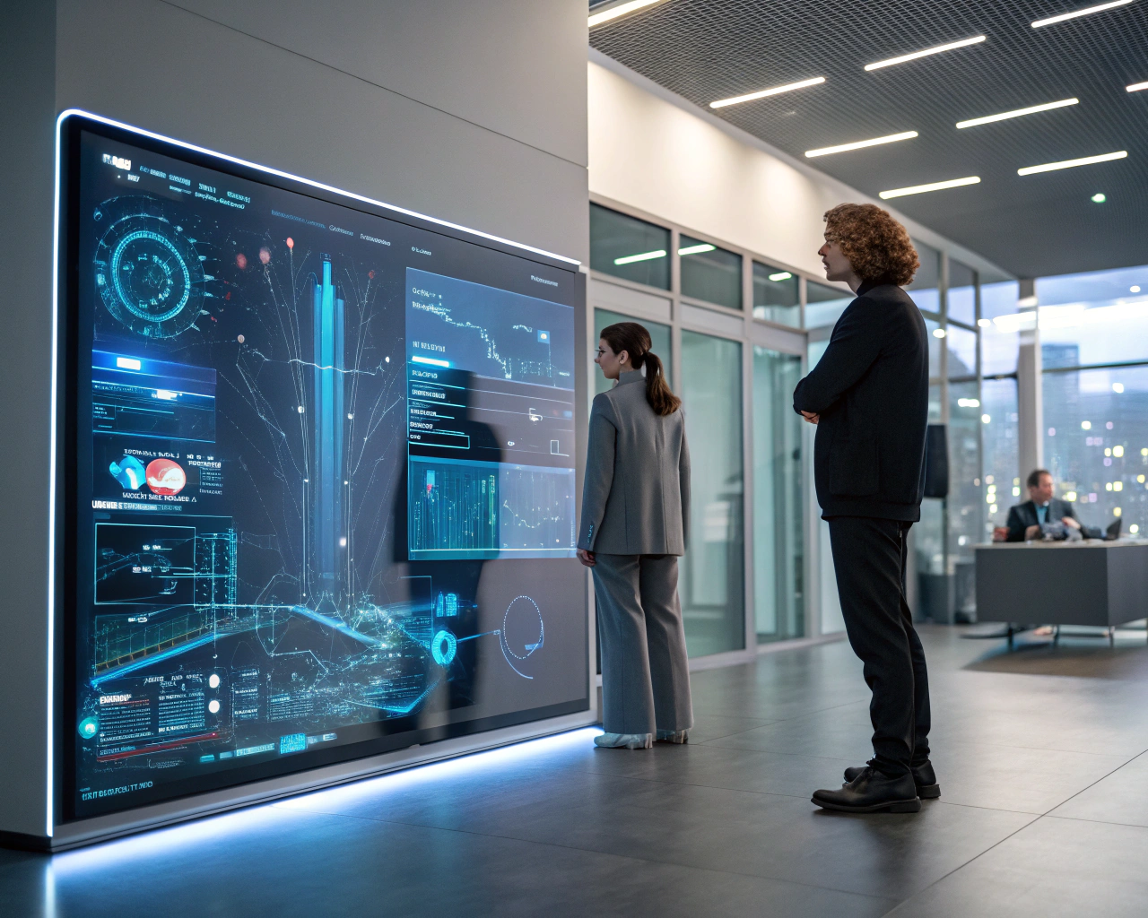 Interfaz de inteligencia artificial futurista en una plataforma de incorporación digital en un entorno de oficina minimalista. Se observan corrientes de datos holográficas y elementos interactivos en colores vivos que resaltan la tecnología avanzada.