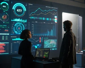 Interfaz digital futurista mostrando gráficos y datos predictivos en una oficina tecnológica oscura.