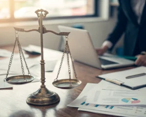 Balanza metálica en primer plano sobre un escritorio de oficina desordenado, simbolizando el bienestar emocional en el trabajo.