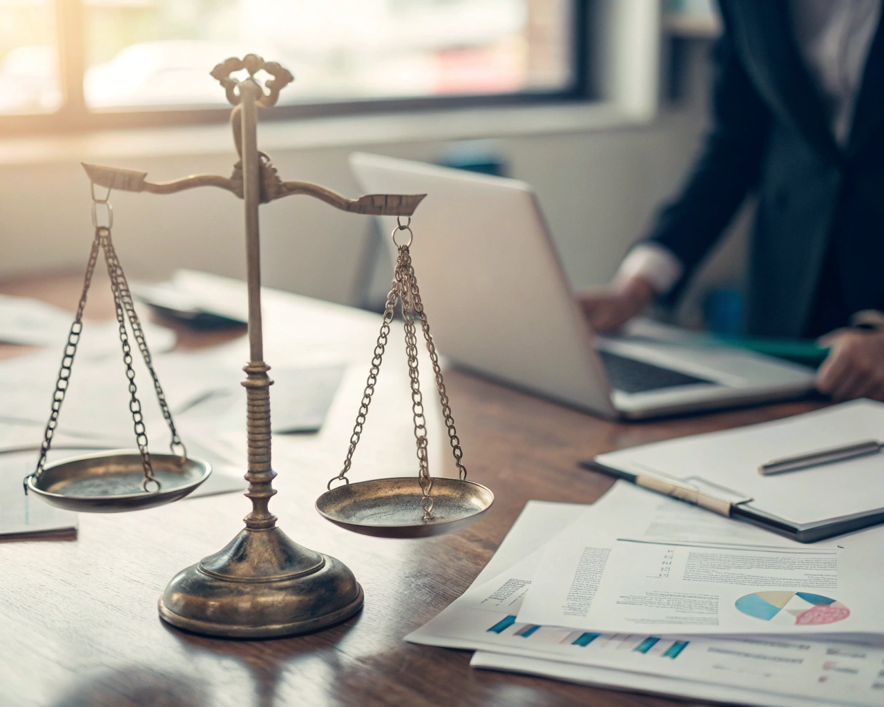 Balanza metálica en primer plano sobre un escritorio de oficina desordenado, simbolizando el bienestar emocional en el trabajo.