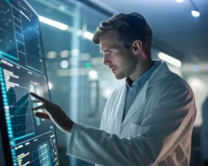 Investigador en bata de laboratorio interactuando con una interfaz digital en un entorno de aprendizaje moderno y técnico, con iluminación de fondo que crea un efecto de halo.