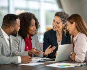 Grupo diverso de profesionales en una mesa de conferencias, discutiendo con empatía y comunicación efectiva, con fondo desenfocado.