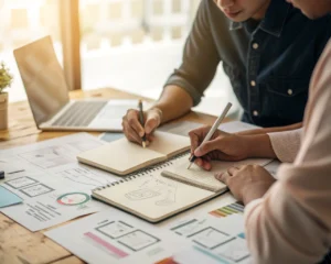 Profesional creativo esbozando ideas en un cuaderno en un entorno de oficina colaborativa, con un brillo suave que realza su concentración y expresión pensativa.