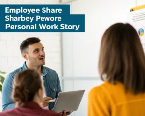 Empleado compartiendo una historia de trabajo en un ambiente de oficina casual, con colores vivos y enfoque en la expresión facial y la ropa, transmitiendo conexión y empatía.