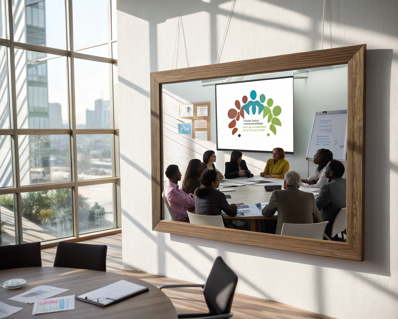 Sala de conferencias con mesa redonda y siluetas de personas diversas en discusión, iluminada con luz natural.