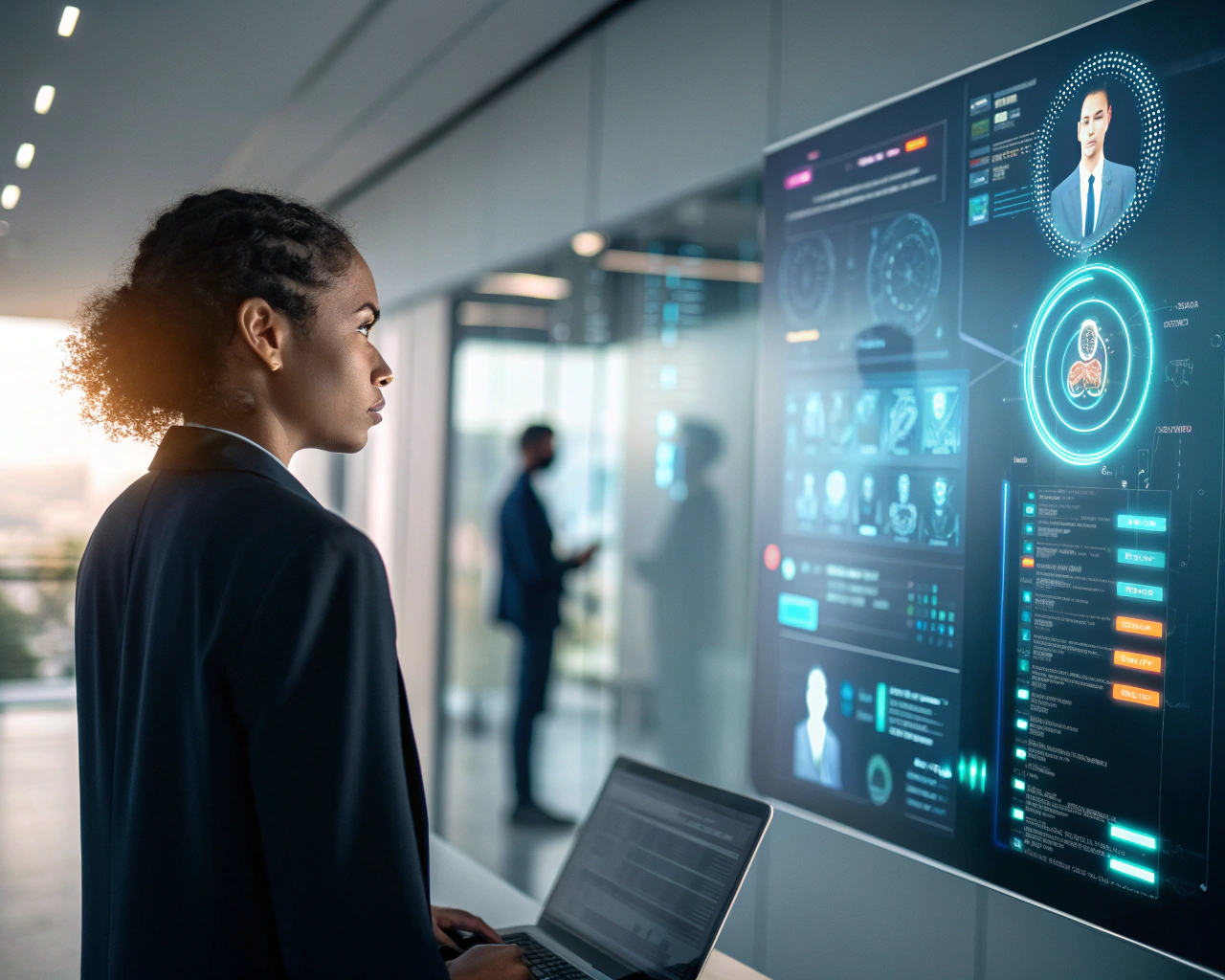 Interfaz digital de un sistema de reclutamiento AI, en una oficina moderna, mostrando datos de candidatos, con énfasis en habilidades y diversidad, resaltada por iluminación backlight.