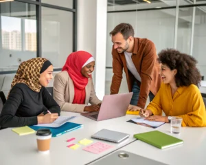 Equipo diverso colaborando en una moderna oficina, con participantes de diferentes culturas discutiendo animadamente alrededor de una mesa. La imagen resalta las vestimentas coloridas y la inclusión, con materiales variados sobre la mesa que representan un entorno de trabajo activo.