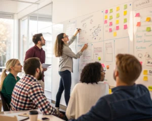 Grupo diverso de pensadores en una sesión de lluvia de ideas en una oficina moderna, rodeados de una pizarra blanca llena de diagramas coloridos y notas. Ambientes de trabajo iluminados con luz suave, mostrando distintas vestimentas y expresiones que reflejan su compromiso y colaboración.
