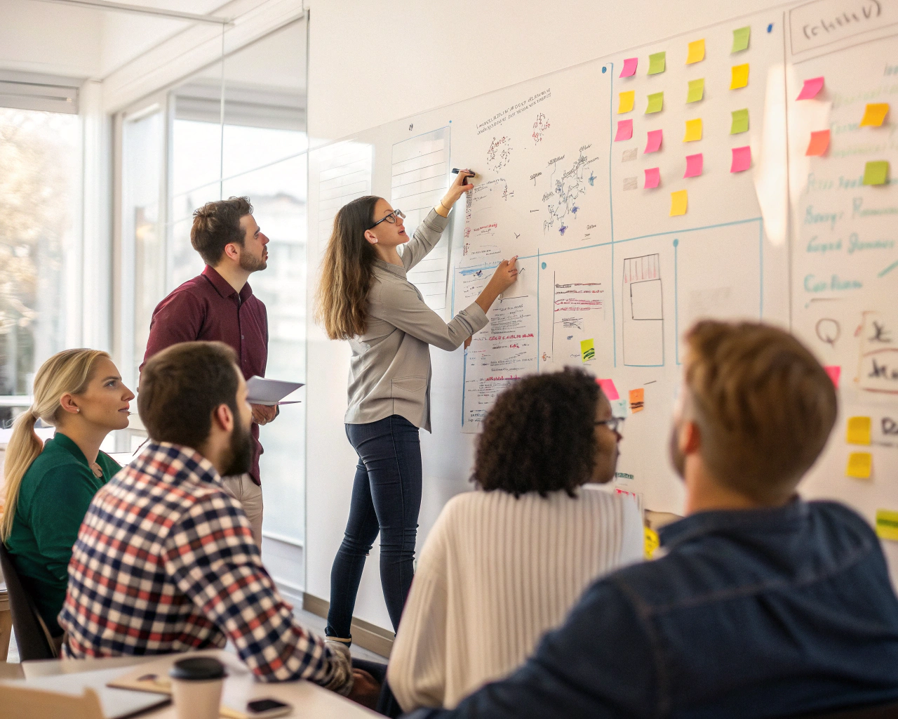 Grupo diverso de pensadores en una sesión de lluvia de ideas en una oficina moderna, rodeados de una pizarra blanca llena de diagramas coloridos y notas. Ambientes de trabajo iluminados con luz suave, mostrando distintas vestimentas y expresiones que reflejan su compromiso y colaboración.