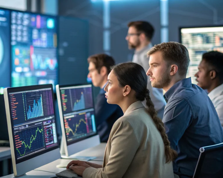 Grupo de trabajadores de oficina participando en una capacitación de habilidades digitales, con pantallas de computadora y tableros digitales en un entorno moderno.