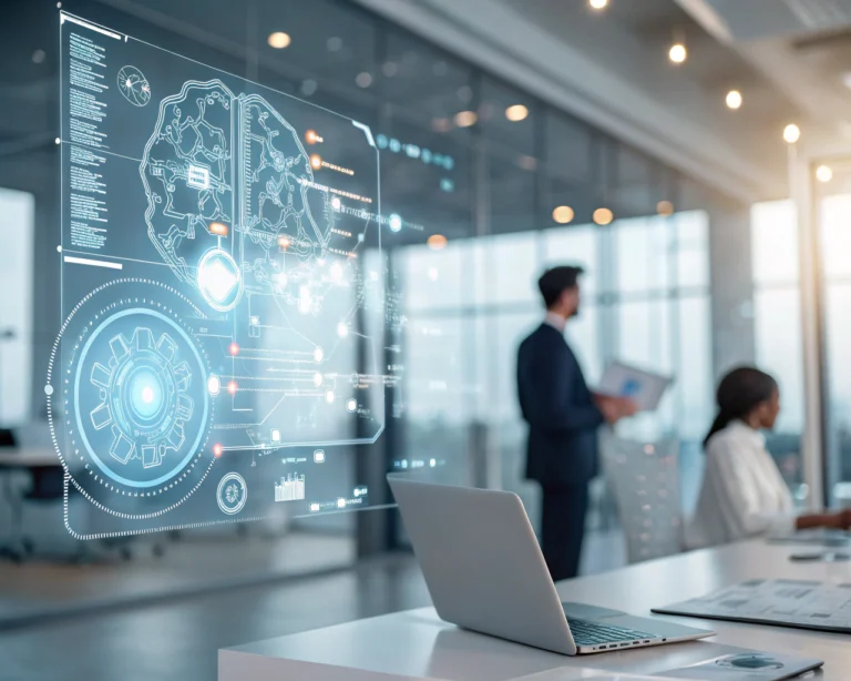 Interfaz holográfica de inteligencia artificial en un entorno de oficina moderna, iluminada de manera que resalta sus complejos patrones y símbolos, con un fondo difuminado de oficina contemporánea.