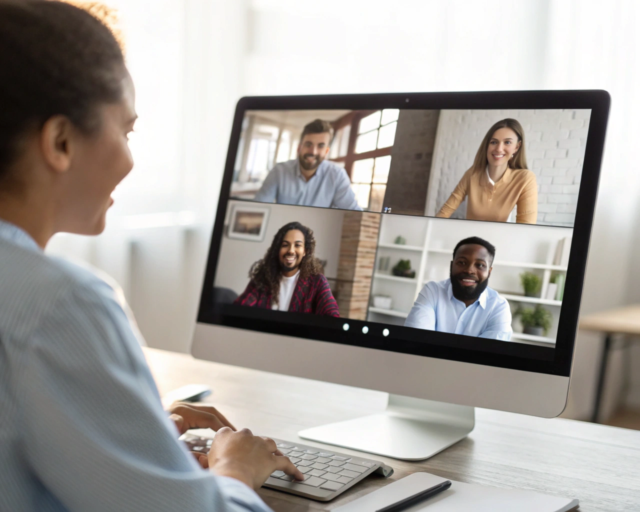 Equipo diverso de empleados remotos en una videoconferencia, mostrando múltiples participantes en distintas oficinas en casa, con expresiones de cooperación y compromiso. La imagen resalta la conexión a través de una luz difusa y una composición simétrica.