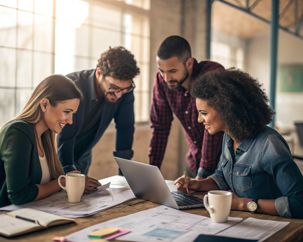 Equipo diverso de trabajadores colaborando en una oficina, enfocados en un proyecto significativo. Iluminación suave que resalta los materiales de oficina y expresa un ambiente de compromiso.
