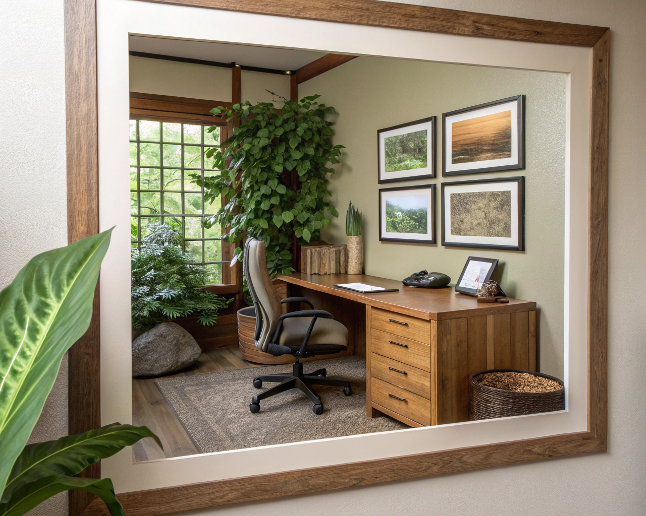 Oficina serena con silla ergonómica vacía, escritorio de madera, planta verde y iluminación suave, simbolizando un ambiente de trabajo libre de estrés.