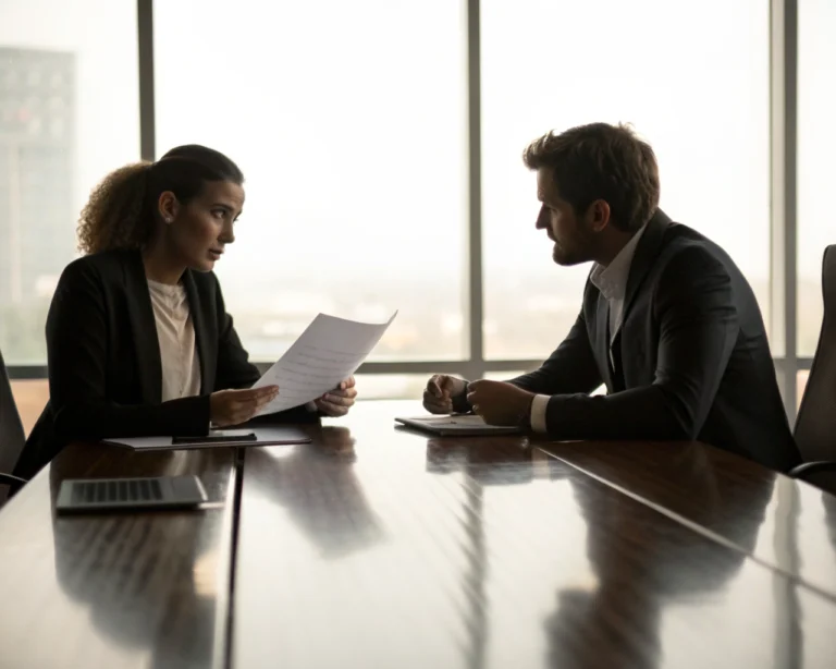Mentor profesional revisando documentos con un líder emergente en un entorno corporativo, iluminado suavemente, con un enfoque en la interacción y el crecimiento futuro.
